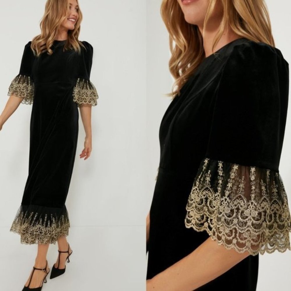 NEW Pomander Place Black Velvet Lillith Gold Embroidered Lace Maxi Dress Size M - Picture 4 of 14